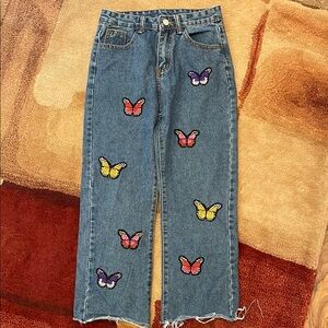 Butterfly Embroidered Blue Jeans